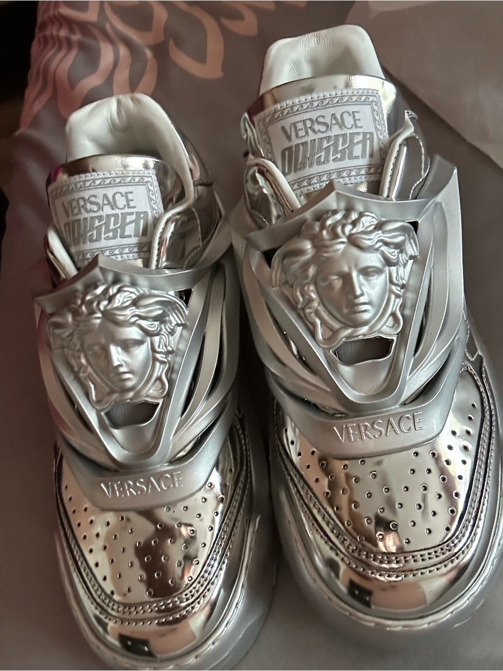 Versace Odissea Metallic Silver Medusa Accent Sneakers
